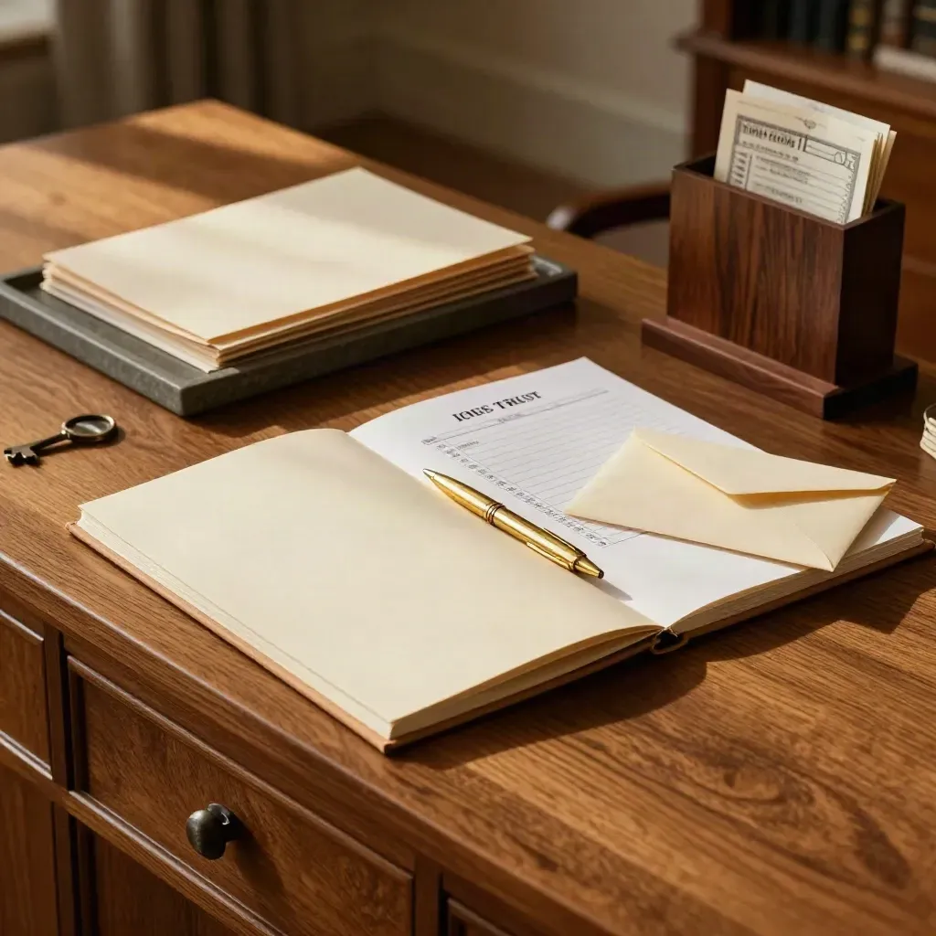 Living trust setup kit on a warm oak credenza with binder, pen, and envelope