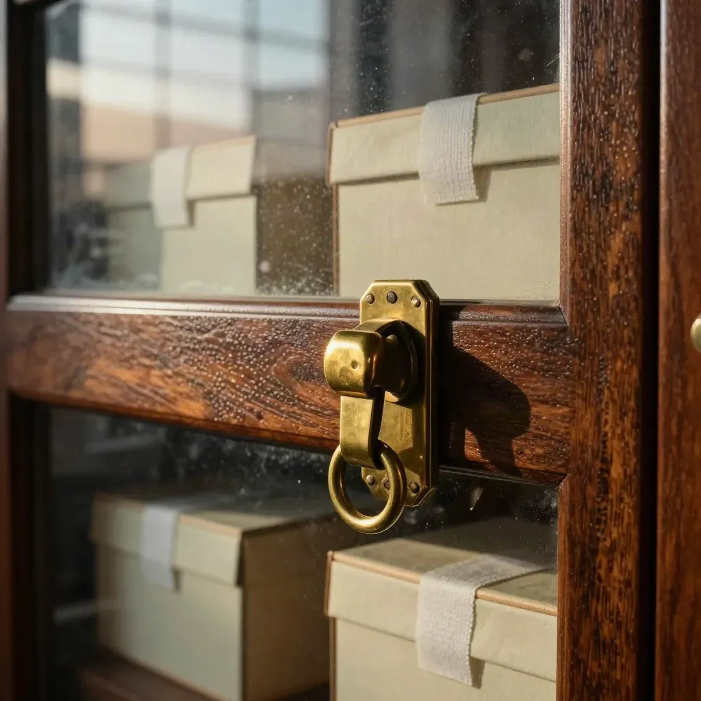 Close-up of brass latch, leather ledger, and estate boxes in a moody trust office archive.