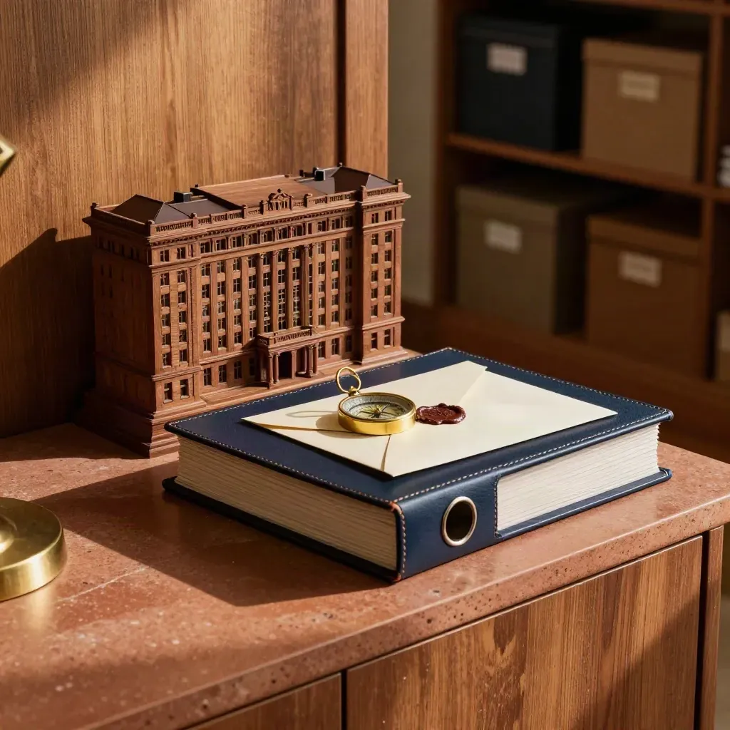 Succession-planning sideboard with binder stack, wood model, sealed envelopes and brass compass.