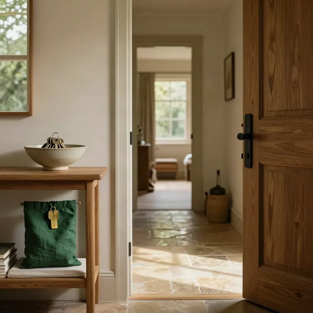 Keys in a ceramic bowl on an entry console beside a sunlit empty hallway.