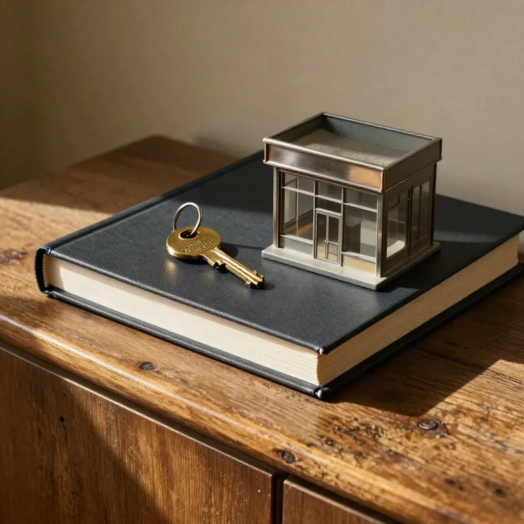 Succession binder, brass key tag, and miniature storefront on a wood sideboard.