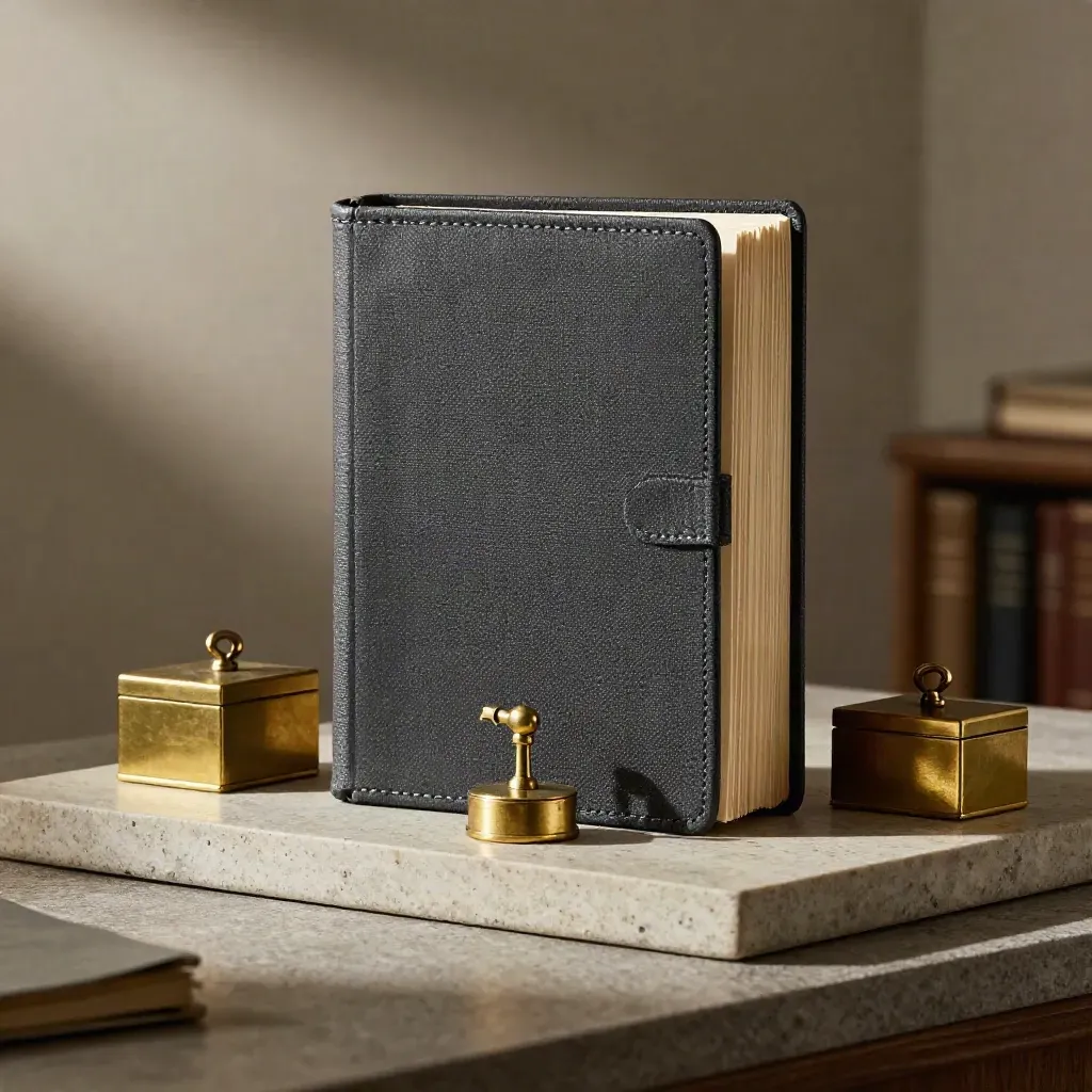 Symmetrical fiduciary ledgers with brass key boxes and a weight on stone in moody light.