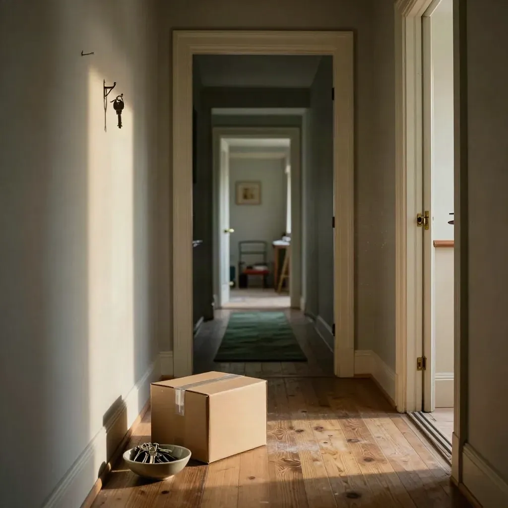 Empty hallway with sealed box, keys in a bowl, and bare hooks in moody light.