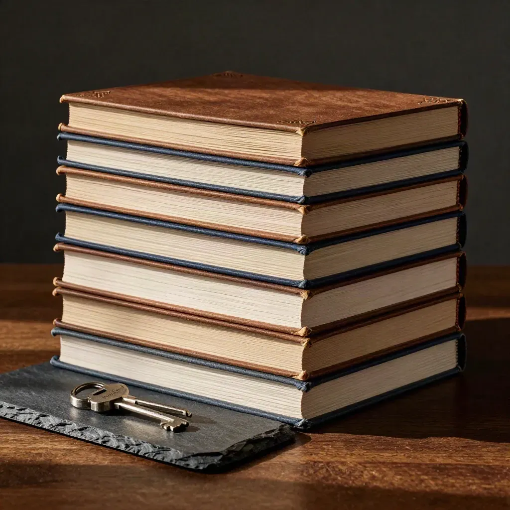 Stack of ledgers, metal keys and slate tray on dark wood in dramatic side light