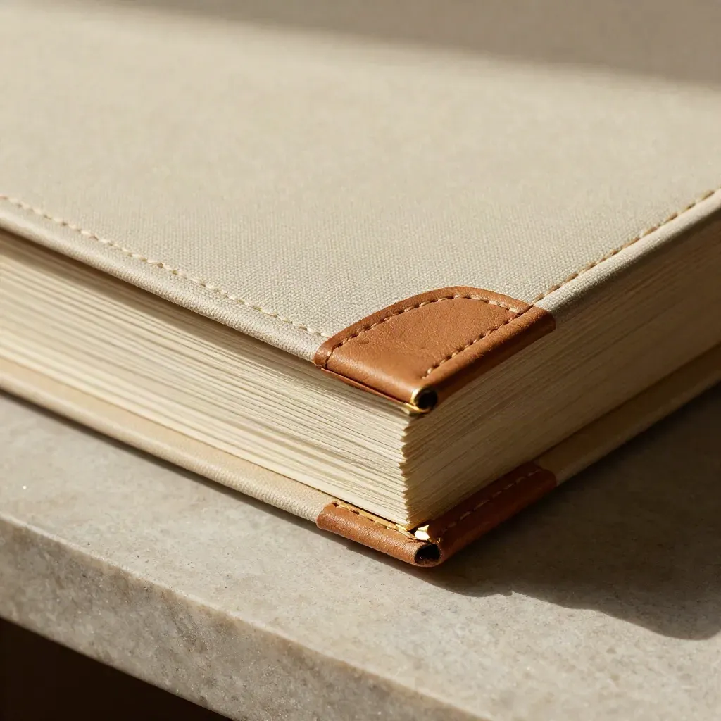 Close-up of a linen binder corner, leather and bone folder on pale stone with gold highlights