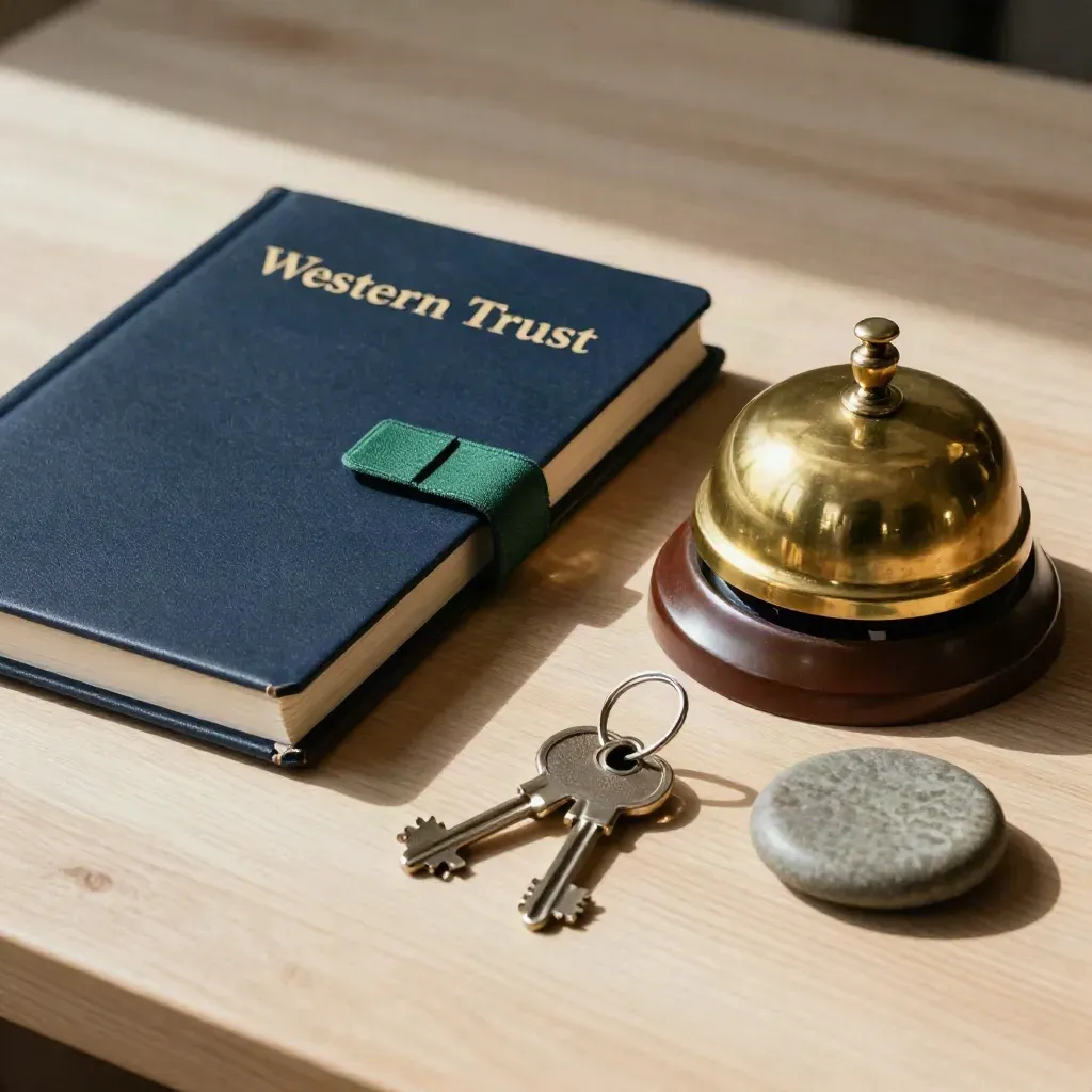 Top-down still life of a navy ledger, brass bell, keys, and stone coaster on pale wood.
