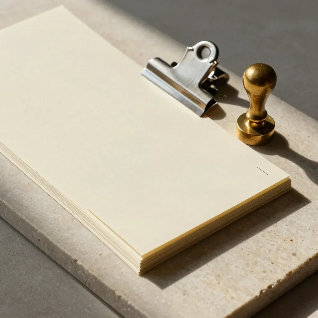 Overhead cream folders, checklist cards, brass stamp and metal clip on pale limestone, softly lit.