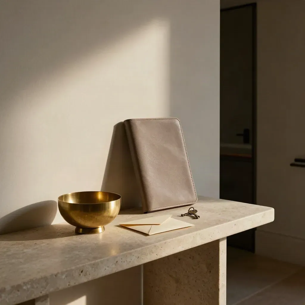 Entry console with a key bowl, sealed envelope, and closed portfolio by a plaster wall.