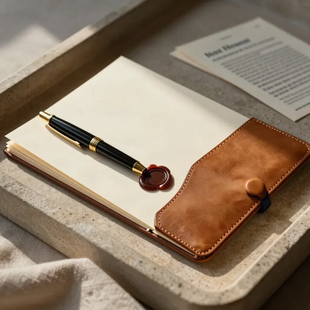 Draft packet on a stone tray with pen, wax seal, and leather folder in soft light.