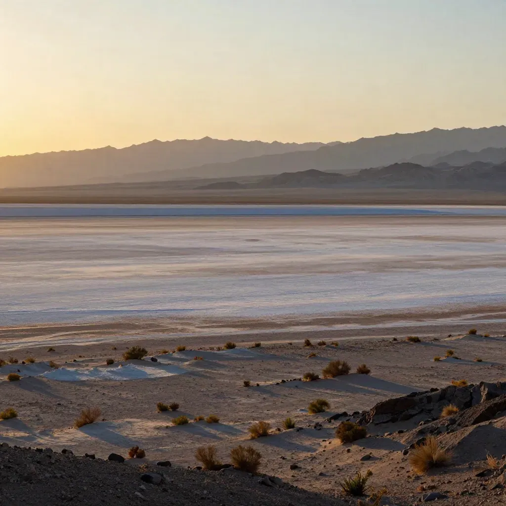 Nevada basin at sunset with a dry lake sheen, distant mountains, and open calm space