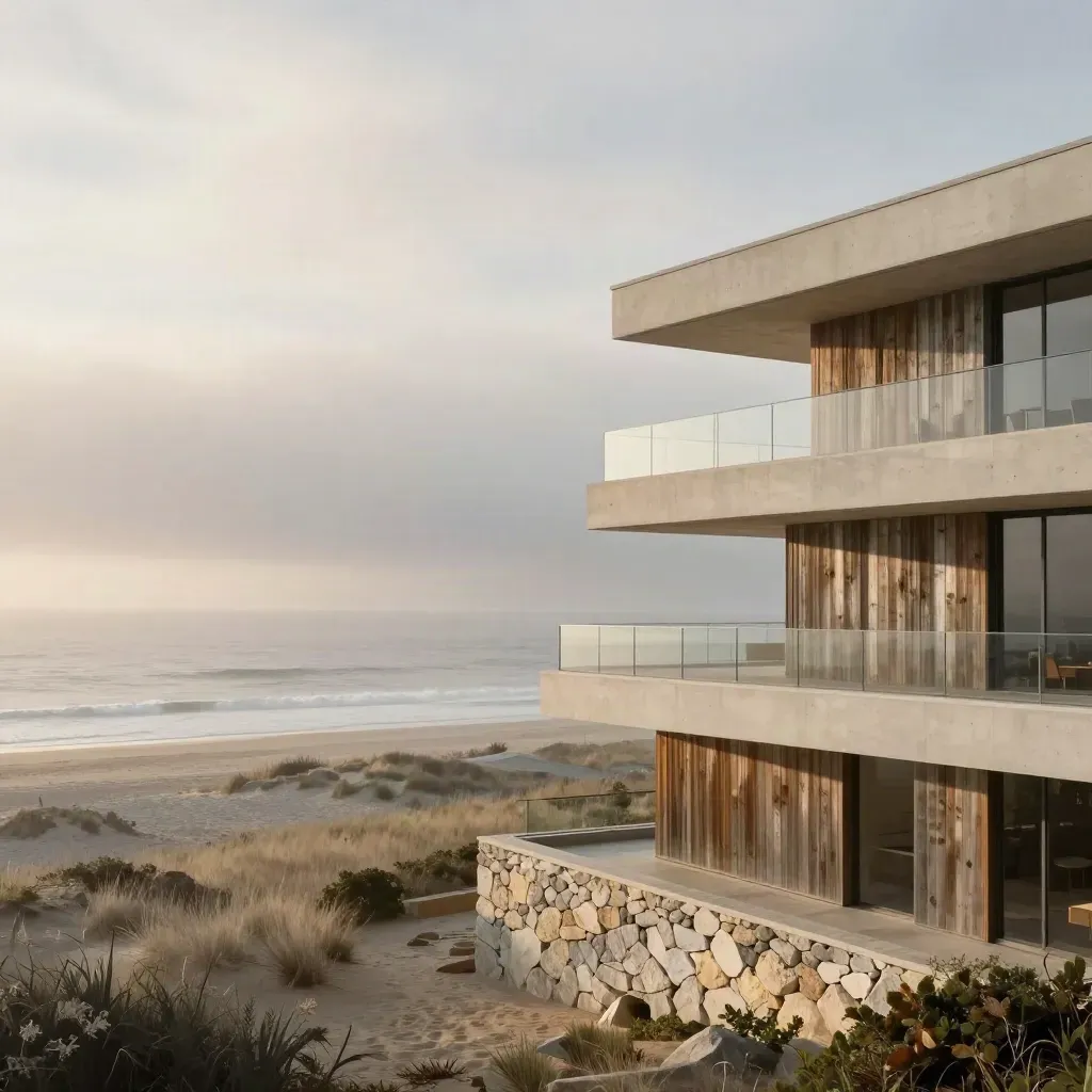 Pale California coastal terraces above a foggy ocean bluff at golden hour.